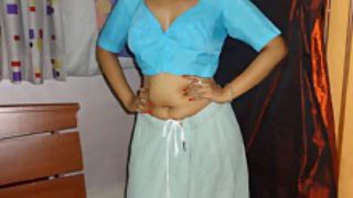 Lily in blue blouse and petticoat stripping naked for fans